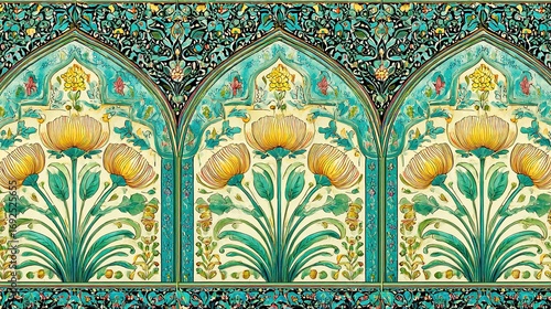 A tile pattern characterized by yellow flowers and turquoise leaves, suitable for adding decorative charm to spaces such as kitchens, bathrooms, or living rooms.