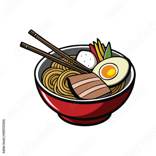 Delicious steaming bowl of ramen noodles with tender pork slices and a perfectly cooked egg illustration