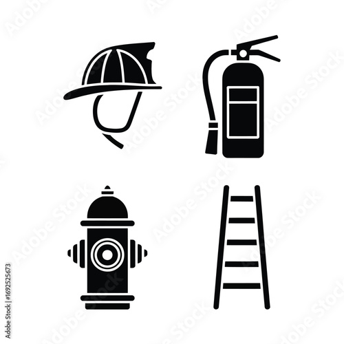 Firefighting equipment silhouettes fireman helmet fire extinguisher hydrant ladder icon set silhouette vector illustration white background