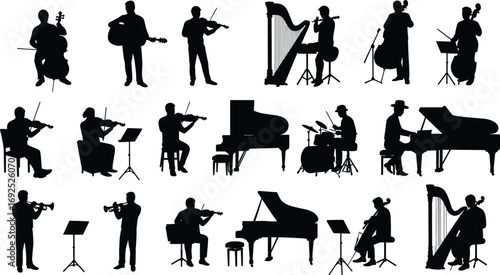 Silhouette musicians playing various classical instruments, orchestra performance, musical concert, violin, piano, harp, trumpet, cello, drummer, string instruments, music ensemble, artistic performan