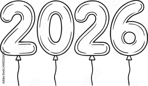 New Year Celebration 2026: A black and white illustration of the year 2026, stylized as celebratory balloons, ready for a new year's occasion.