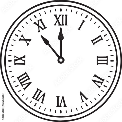 Clock Face Detail: A vintage clock face, meticulously rendered with classic Roman numerals and delicate minute markers, showcasing the precise time of day.