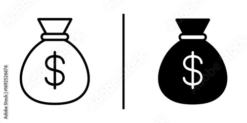 Money Bag Icon: A money bag icon in both line art and solid black, suggesting wealth and financial prosperity. 
