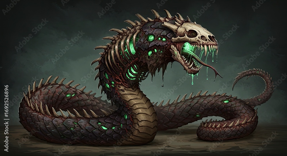 Obraz premium Undead Serpent: Skeletal Snake with Glowing Eyes and Toxic Slime