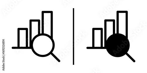 Data Analysis Icon: A clean, minimalist graphic presenting a visual representation of data analysis, with bar charts and a magnifying glass to represent research and assessment. 