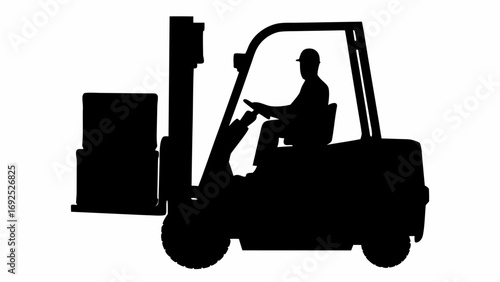 Silhouette of a forklift with a driver wearing a hard hat lifting boxes in a warehouse environment scene