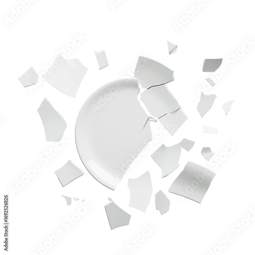 Shattered white plate on black background showcasing broken pieces