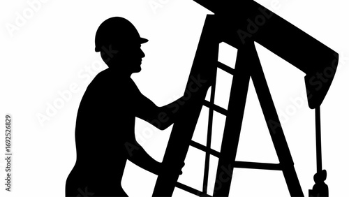 Silhouette of a worker wearing a hard hat climbing an oil rig structure against a white background view