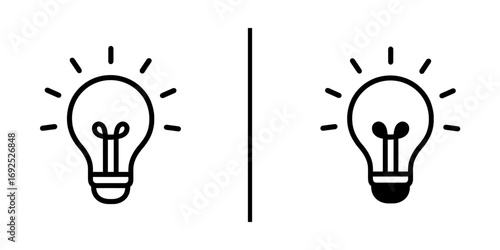 Illuminated Lightbulb: A minimalist monochrome design showcases two identical lightbulbs, one shining brightly and another with a darkened base. Symbolizing innovation, creativity, and energy.