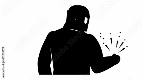 Silhouette of a welder with a mask looking at sparks emanating from their hand in a black and white image