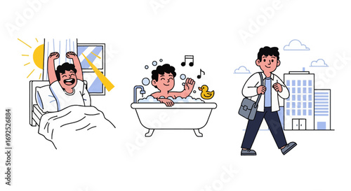 Vibrant vector art illustrating a happy daily routine. From waking up to going to the office, this high-res, scalable design is great for commercial use.