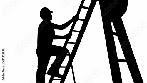 Silhouette of a construction worker climbing a ladder with safety helmet on a white background image view