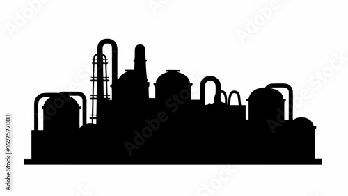 Silhouette of an industrial plant with tanks, pipes, and towers against a white background showing details