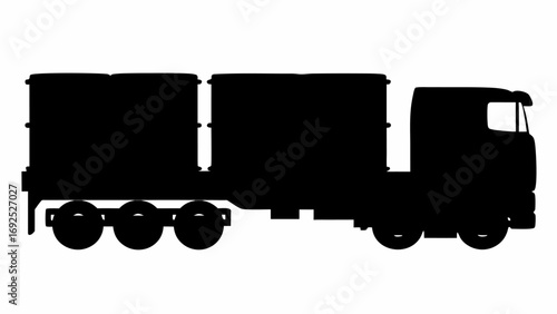 Silhouette of a semi truck with two trailers attached to the back on a white background showing the vehicle