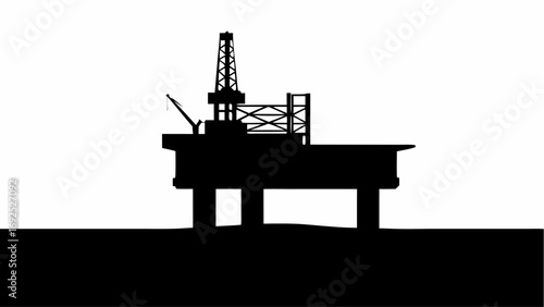 Silhouette of an offshore oil platform with a drilling rig and crane against a white background design