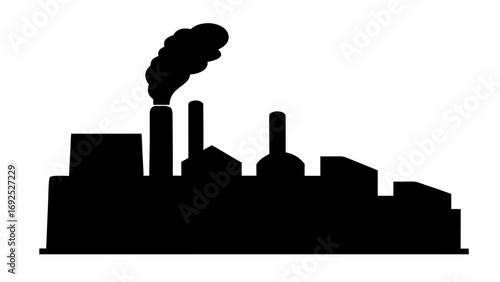 Silhouette of an industrial complex with smokestacks emitting smoke against a white background outline view