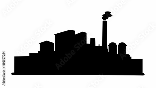 Silhouette of a factory with a tall smokestack emitting smoke against a white background in a simple style