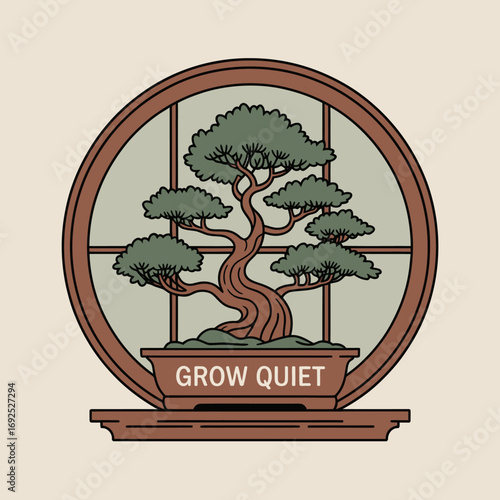 Zen bonsai tree in circular window frame with 'grow quiet' message artistic representation for tranquil home decor and mindfulness vector