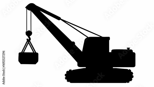 Silhouette of a crane lifting a container with cables and a hook on a white background construction site tool