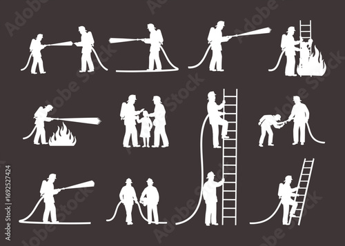 Silhouette of firefighters in action, fire hose, fire rescue, fire safety, fire extinguishing, emergency response, firefighter teamwork, ladder rescue, fire emergency