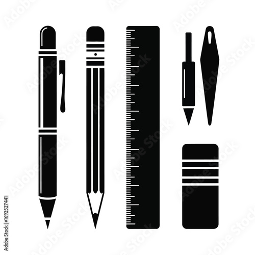 Black silhouette of essential writing and drawing tools for school and office supplies silhouette vector illustration white background
