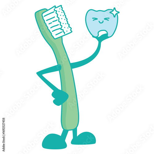 Cartoon Toothbrush Character Holding a Smiling Tooth Illustration