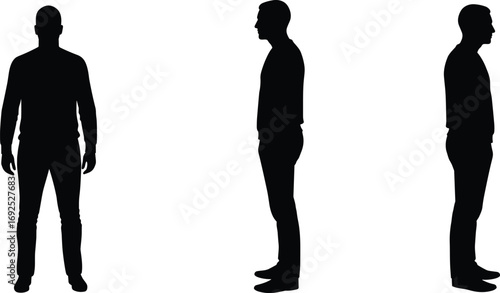 Silhouette of man standing front and side views, black figure, isolated on white background, male profile, full body poses vector