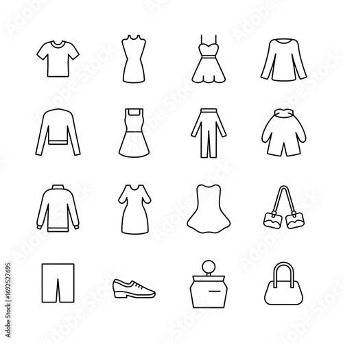 Collection of 16 outline clothing and accessory icons for fashion and style silhouette vector illustration white background