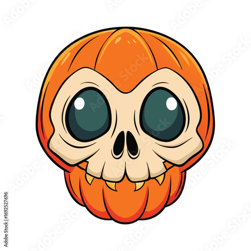Cartoon pumpkin with a skull face and large green eyes on a white background halloween scary