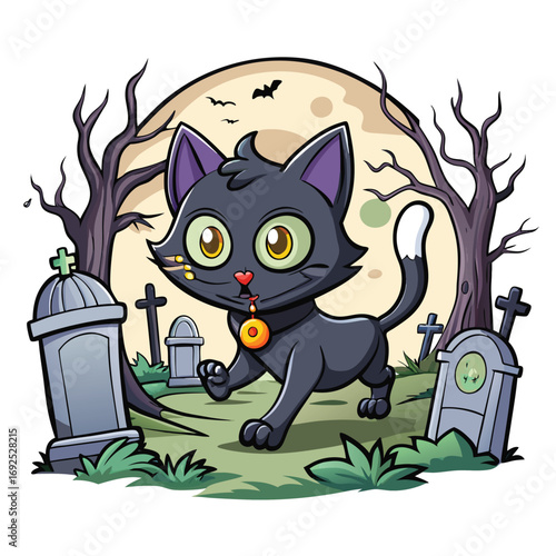Cute cartoon black cat walking through a spooky graveyard with tombstones and bare trees under a full moon
