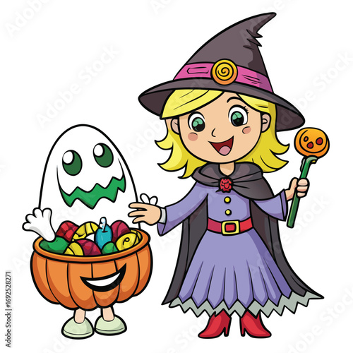 Cartoon witch with a pumpkin candy bucket filled with treats and a ghost Keywords: witch, girl, Halloween, candy, treats, pumpkin, bucket, ghost, costume, magic, spell, fantasy, character, child
