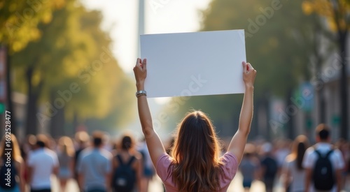 Woman holding up a sign in a crowded street with people walking by