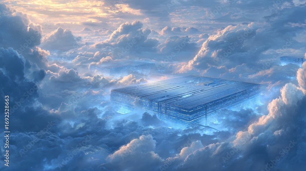 Fototapeta premium Celestial Platform - A Futuristic Structure Amidst Ethereal Clouds.
