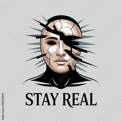 Surreal cracked face with sharp geometric shards and 'stay real' text emblematic of identity crisis and artificiality vector