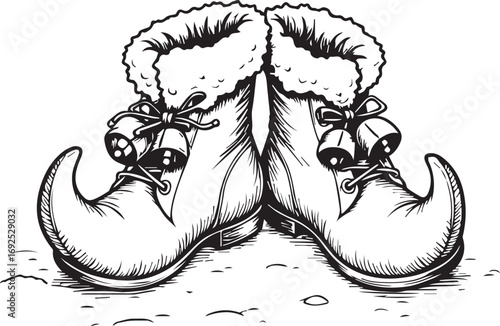 Whimsical Elf Boots: A pair of detailed, illustrated elf boots with curled toes and jingle bells, exuding the charm of festive cheer and holiday spirit.