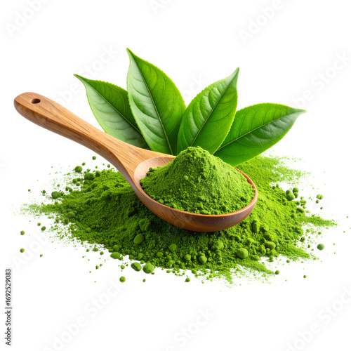 A smooth polished wooden spoon overflowing with vibrant emerald green matcha tea powder and fresh 