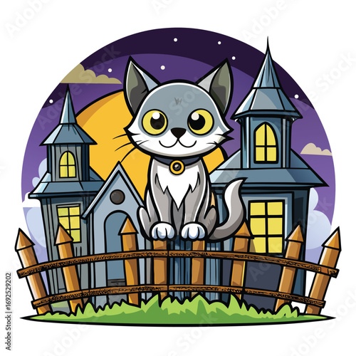 Spooky cartoon haunted house at night with a cute cat sitting on a fence under a full moon halloween
