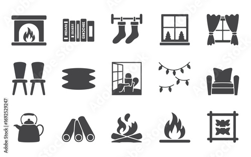 Cozy winter home icons set fireplace stockings window chair garland and more silhouette vector illustration white background