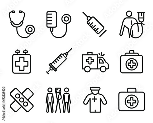 Medical icons set healthcare symbols stethoscope syringe ambulance first aid kit health care silhouette vector illustration white background