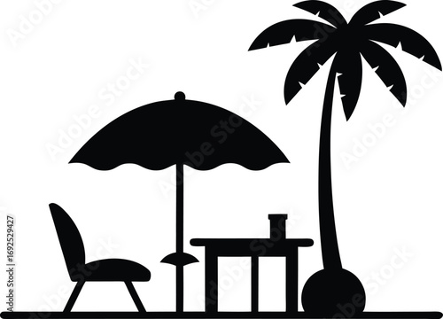 Beach Umbrella, Table, Palm Tree and Chair Silhouette Vector Illustration