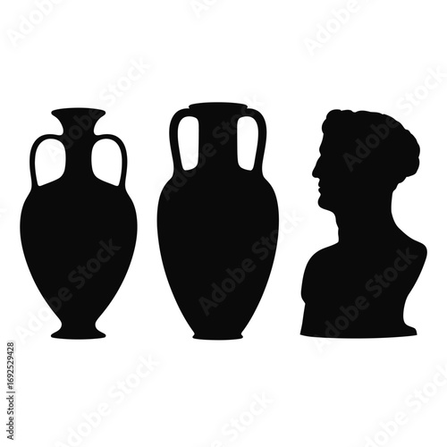 Ancient greek amphorae and bust silhouette for classical art and design projects silhouette vector illustration white background
