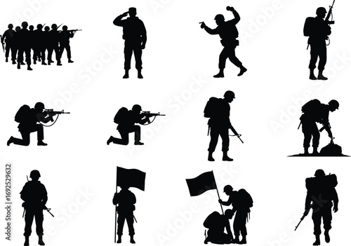 Silhouette of soldiers in various military poses, armed infantry, combat readiness, army teamwork, soldier salute, war flag, military action