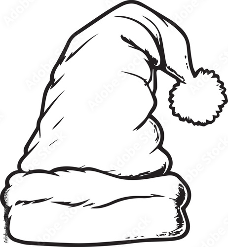 Festive Cap Outline: A line drawing presents a Santa Claus hat, the iconic emblem of holiday joy, showcasing its plush brim and a fluffy pom-pom.