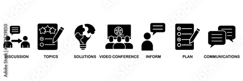 Meeting icon set vector illustration concept for business meeting and discussion with communications, topics, solutions, plan, inform and video conference icon
