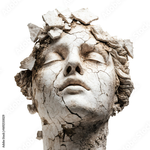 Realistic Stone Head Sculpture with Cracks on Transparent Background