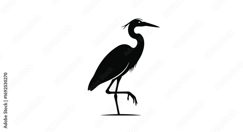 Fototapeta premium Elegant black silhouette of a heron standing on one leg against a white background