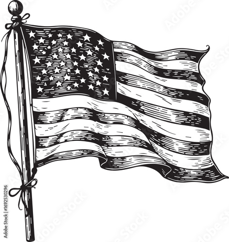 American Flag in the Wind: A monochrome illustration of the American flag proudly waves in the wind, stars and stripes a symbol of freedom and patriotism.