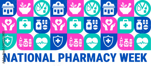 National Pharmacy Week geometric shape pattern background, banner, card or poster design template is observed every year during October, to raise awareness about the mission. Vector illustration.