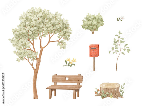 Set of cute elements nature, watercolor isolated objects for design baby room, mural or wallpaper.