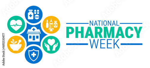 National Pharmacy Week background, banner, card or poster design template is observed every year during October, to raise awareness about the mission. Vector illustration.